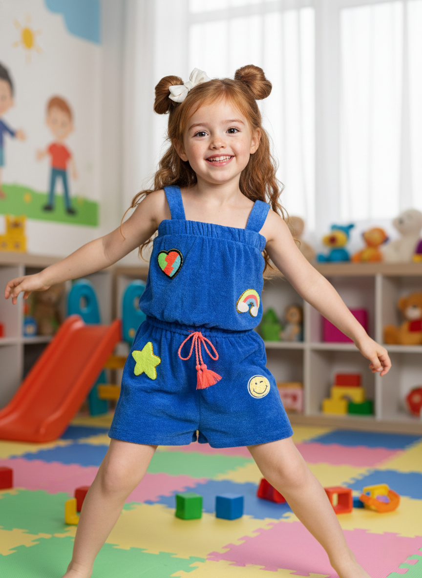ROMPER W/ PATCH TRIMS AND FAUX TIE