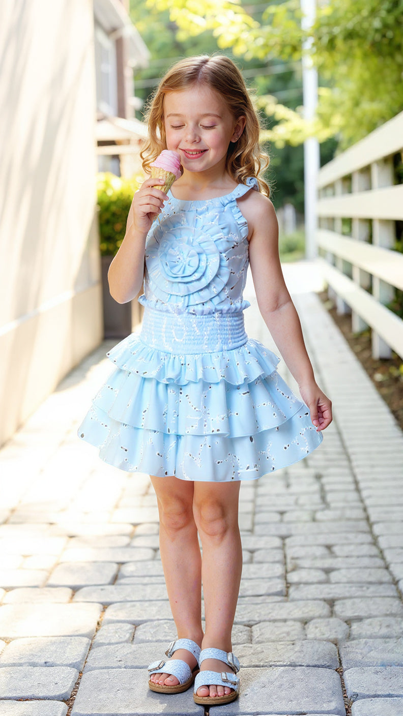 EYELET RUFFLE TOP WITH RUFFLE ROSE DETAIL