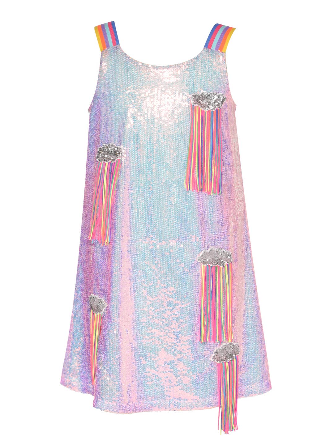 Little | Big | Tween Girls Sequin Cloud Rainbow Fringe Party Dress