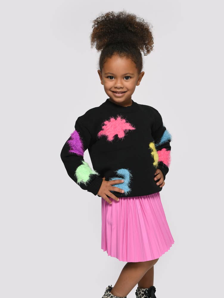 Little Girl’s Neon Rainbow Fuzzy Dino Pullover