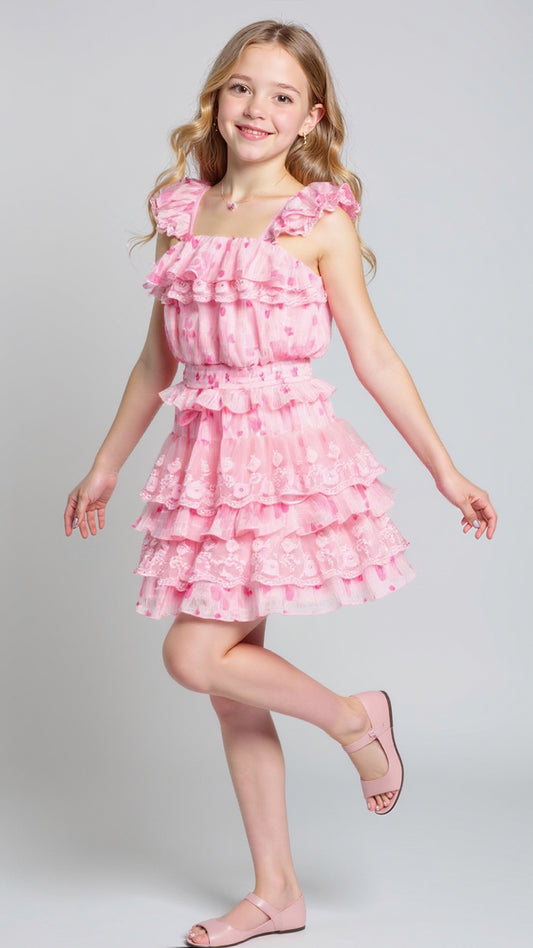 TIERED PRINT SKIRT WITH LACE DETAIL