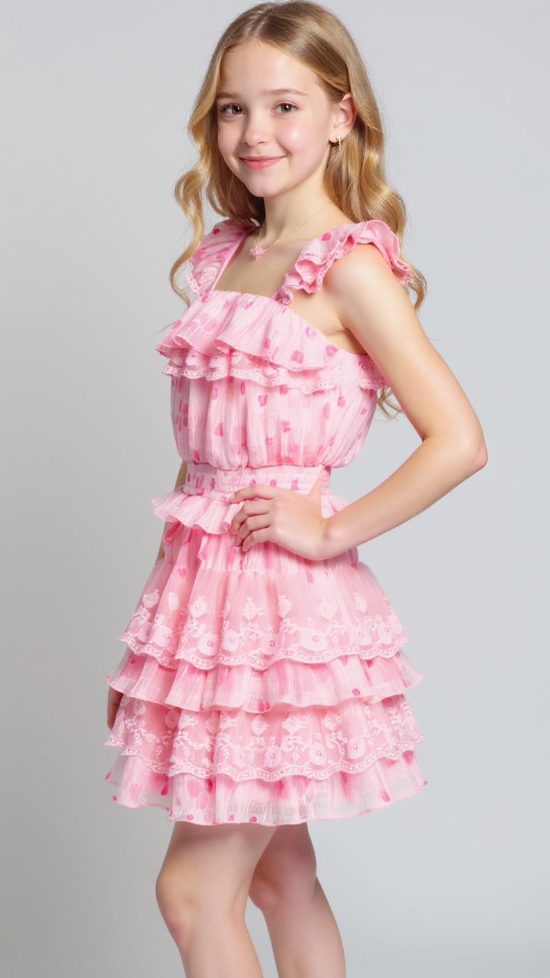 TIERED PRINT SKIRT WITH LACE DETAIL