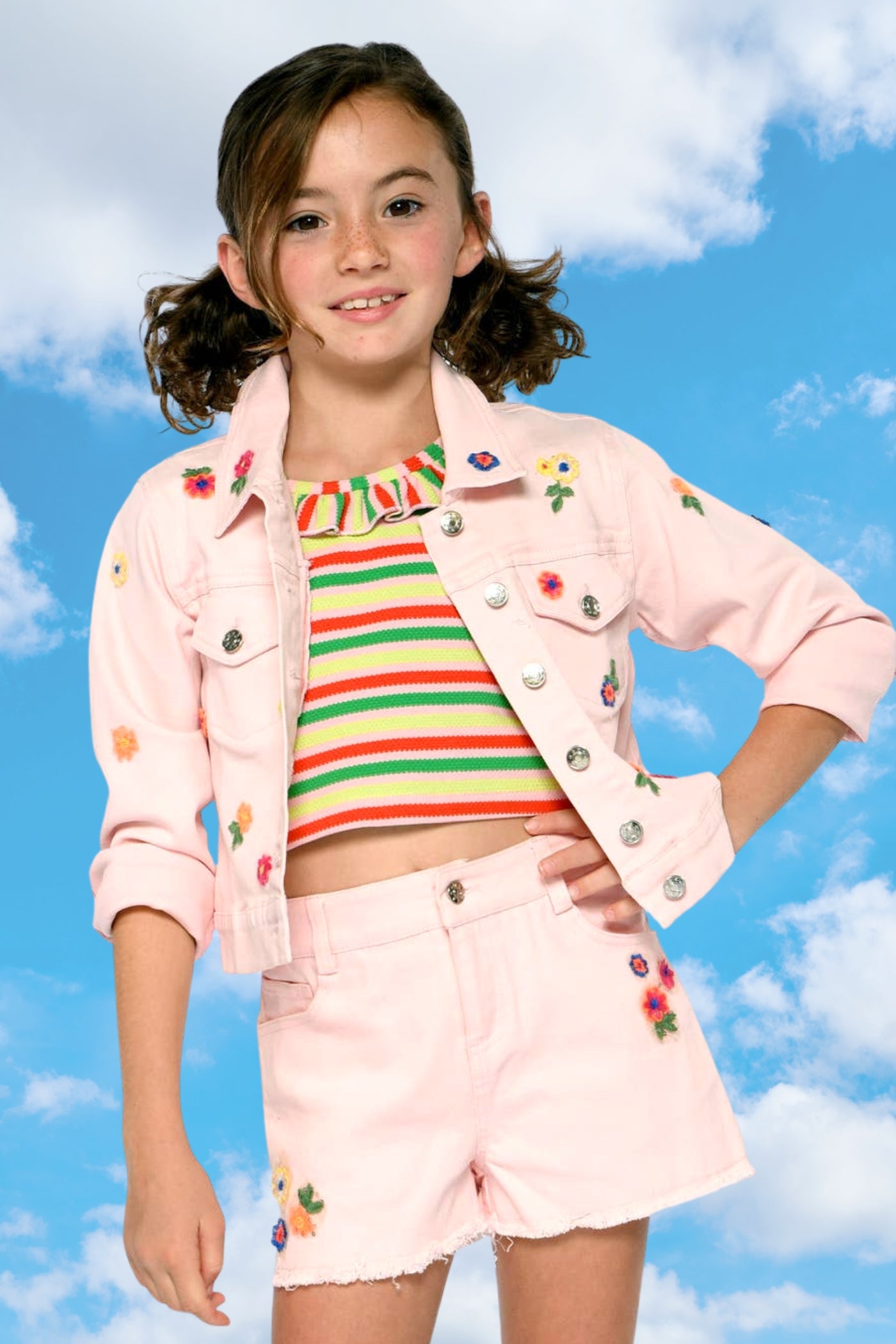 Little I Tween Girl’s Daisy Flower Embroidered Jean Jacket