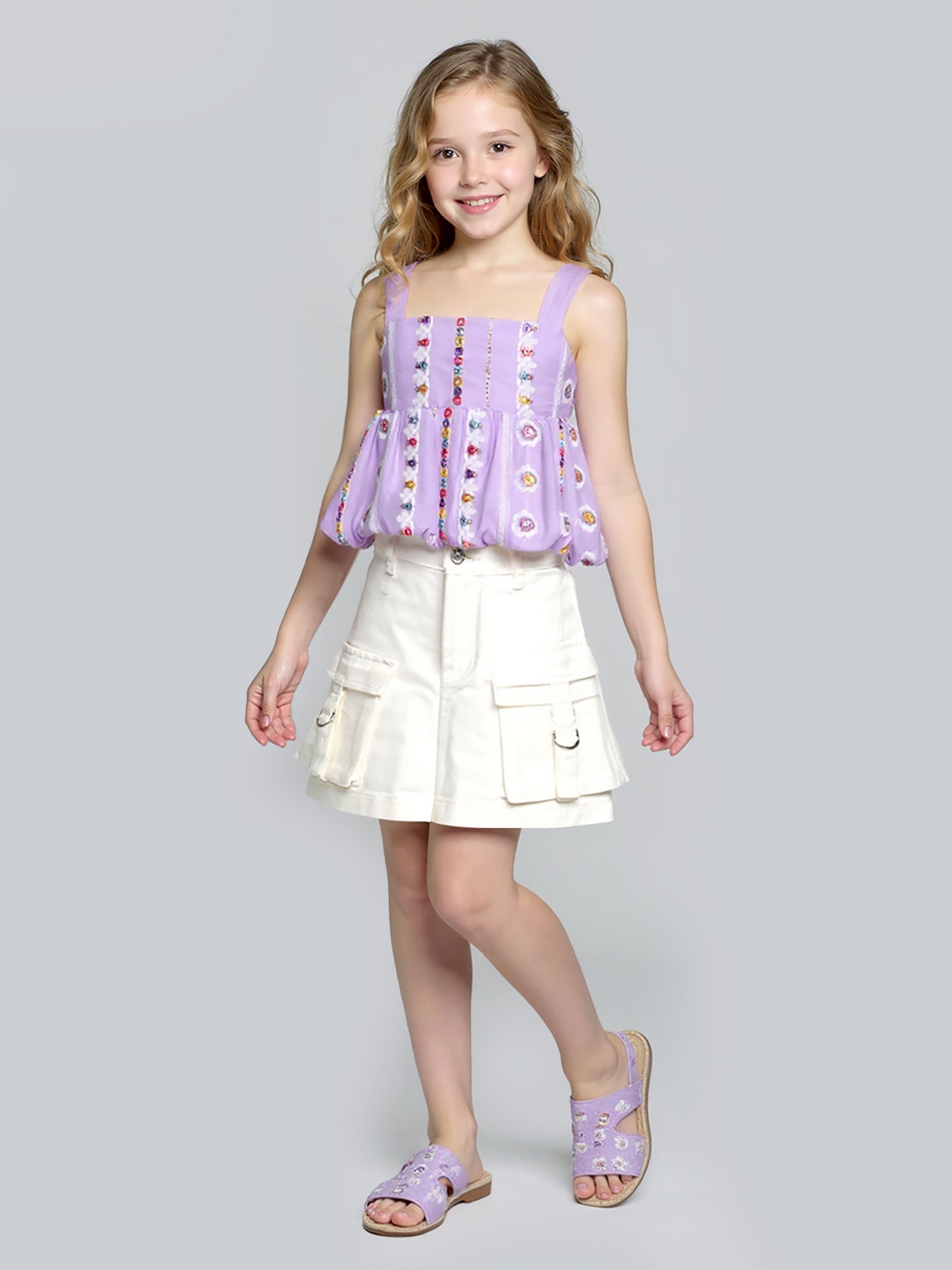BUBBLE HEM TANK TOP WITH EMBROIDERY-MIRROR DETAIL