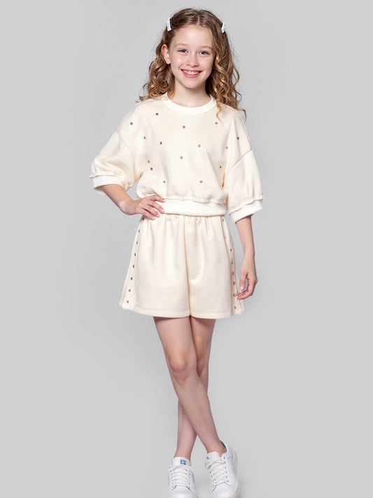 RHINESTONE EMBELLISHED SCUBA S/S SWEATSHIRT