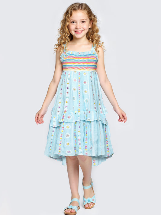 EMPIRE WAIST DRESS WITH HIGH LOW HEM AND EMBROIDERY DETAIL