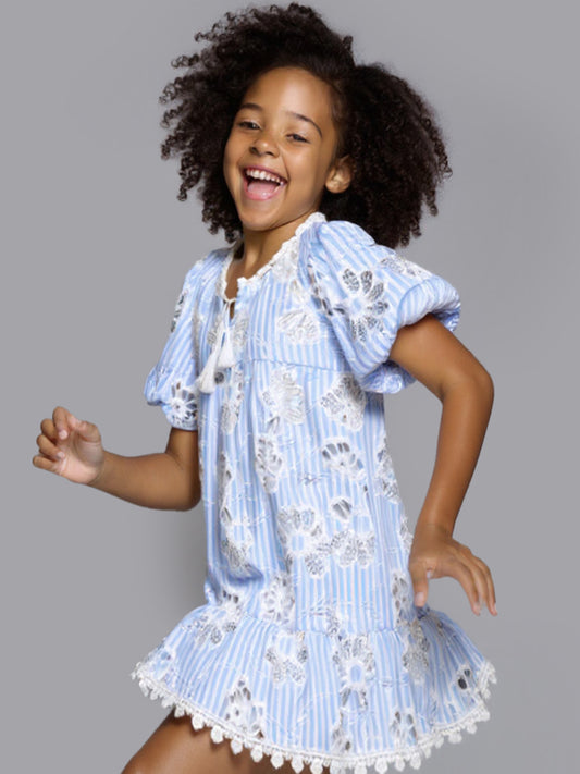 STRIPE-EYELET DRESS WITH BUBBLE SLEEVES