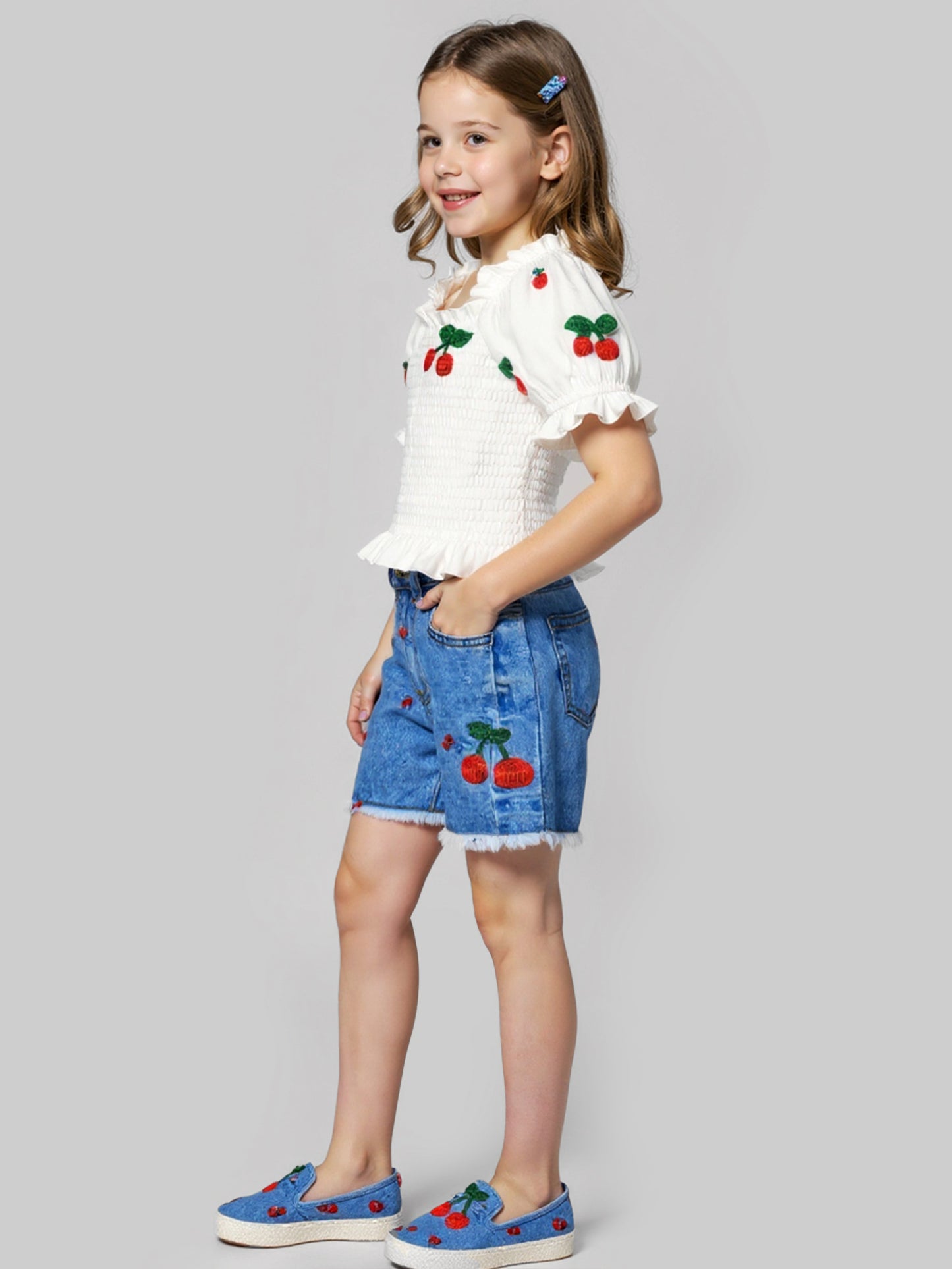CHERRY EMBROIDERED DENIM SHORTS