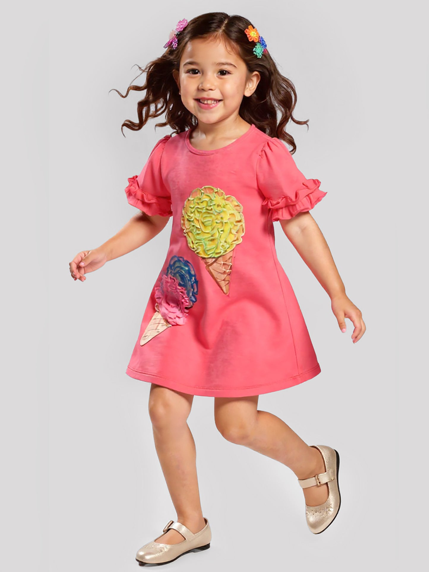 RUFFLE SLEEVE A-LINE DRESS W/ 3D ICE CREAM DETAIL