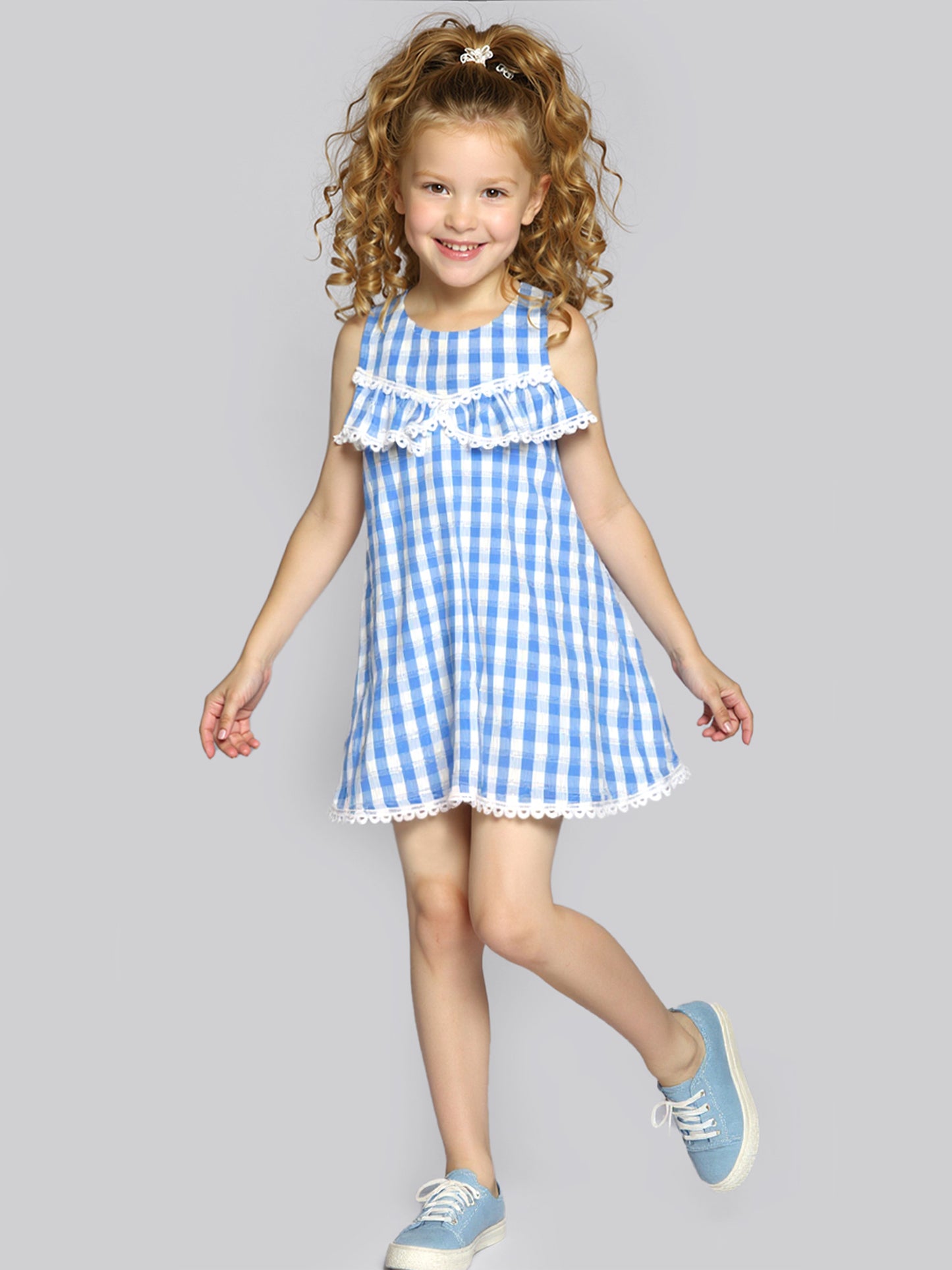 COLD SHOULDER RUFFLE GINGHAM DRESS