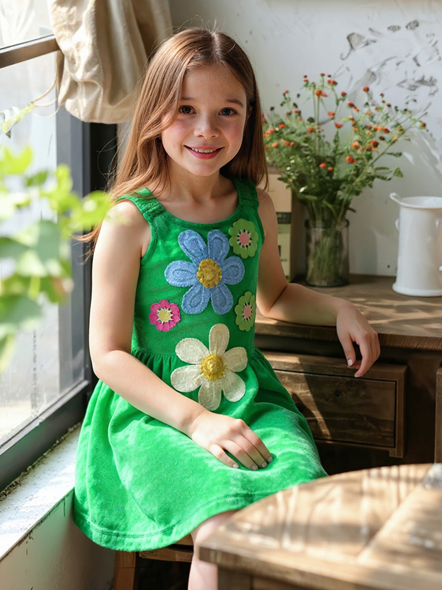 FIT AND FLARE DRESS W/ FLOWER TRIM DETAIL