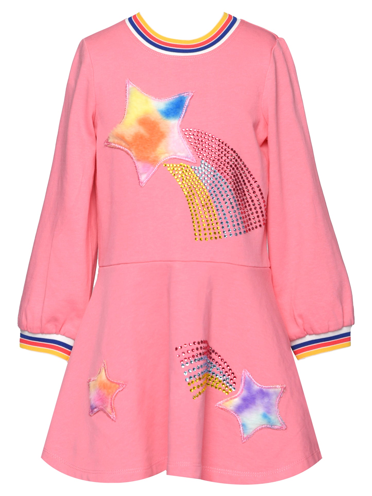 L/S DRESS W/ FAUX FUR STAR TRIM AND RAINBOW RHINESTONES