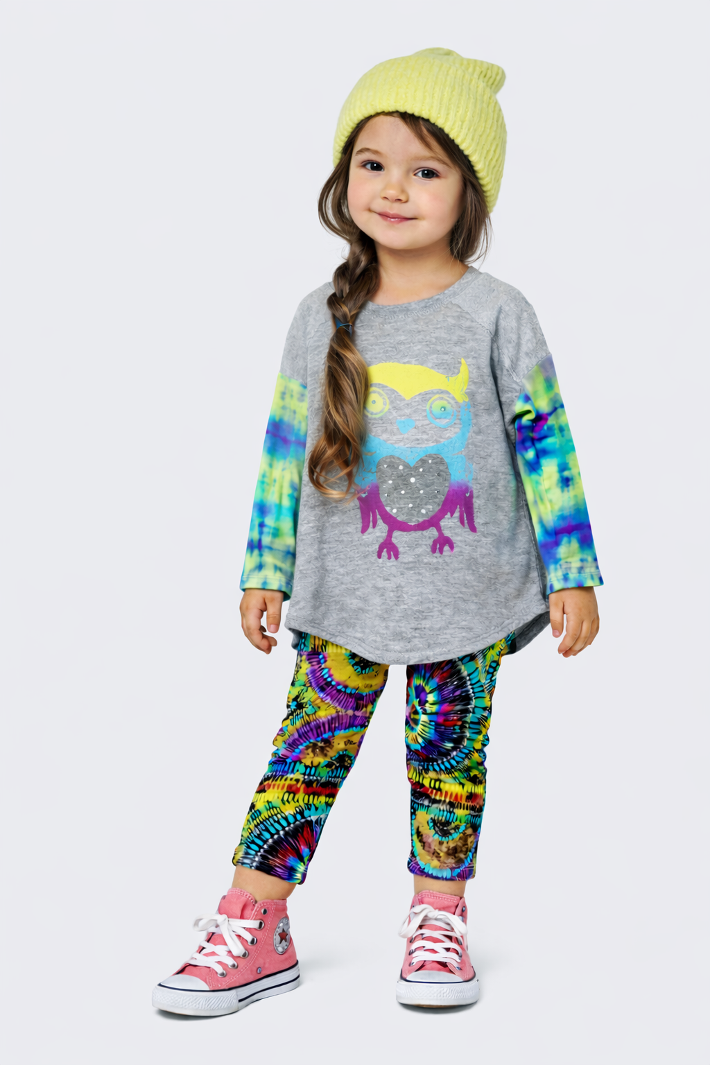 TIE DYE TOP WITH OWL PRINT AND PRINTED LEGGINGS (2PC SET)