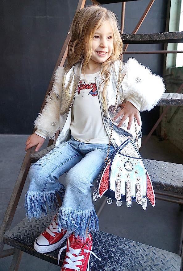 Girls Spaced Out Long Sleeve Glitter Graphic T-shirt