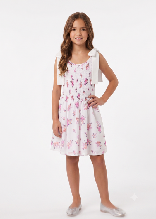 PRINTED SMOCKED DRESS WITH BOW STRAPS