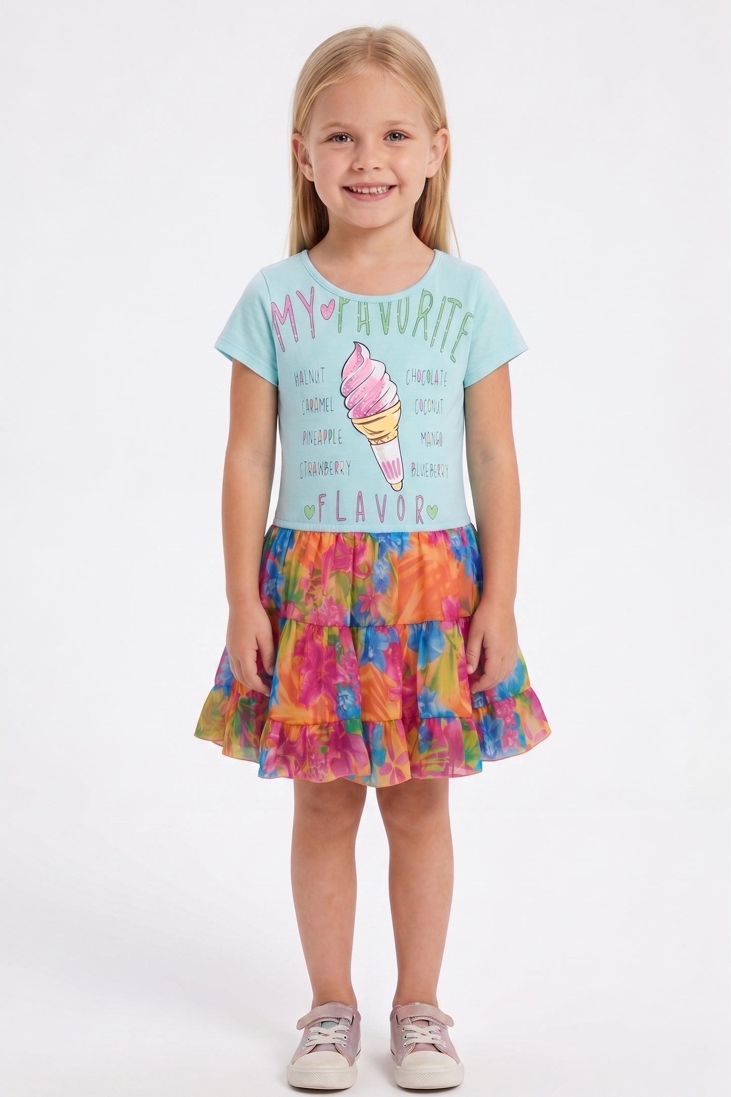 ICE CREAM PRINT DRESS W/ TIEREDPRINT SKIRT