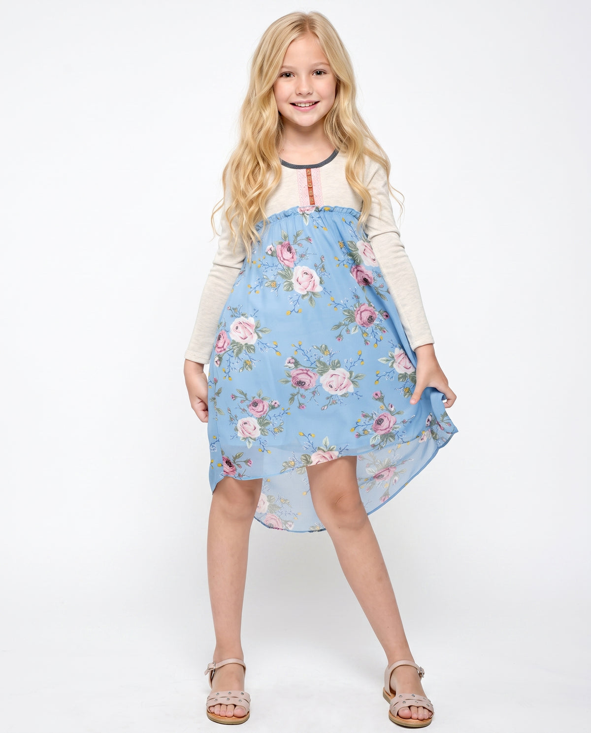 Big Girls Knit Top Long Sleeve Floral Chiffon Dress