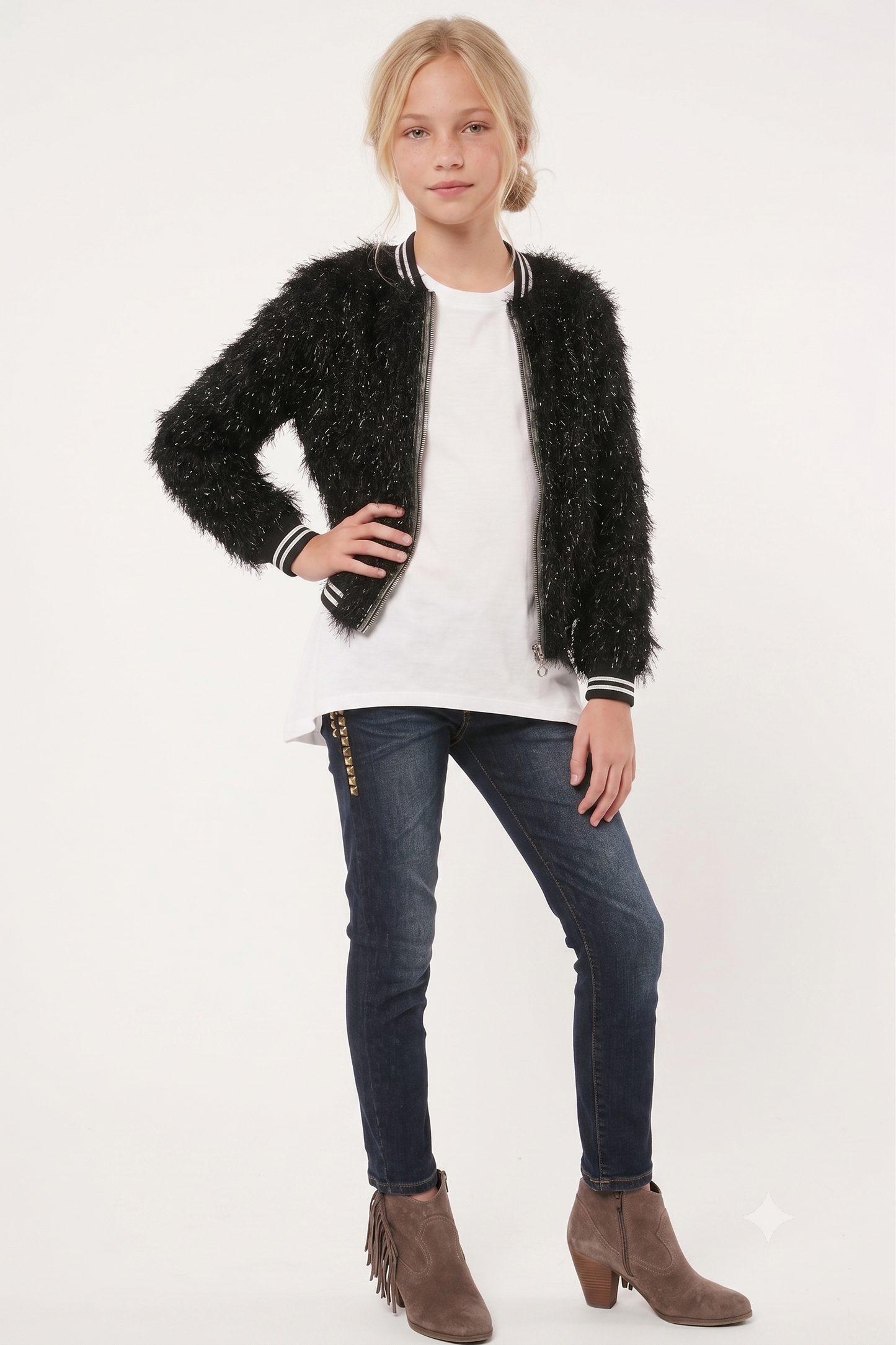 Big Girls Faux Fur Sparkly Sporty Chic Bomber Jacket