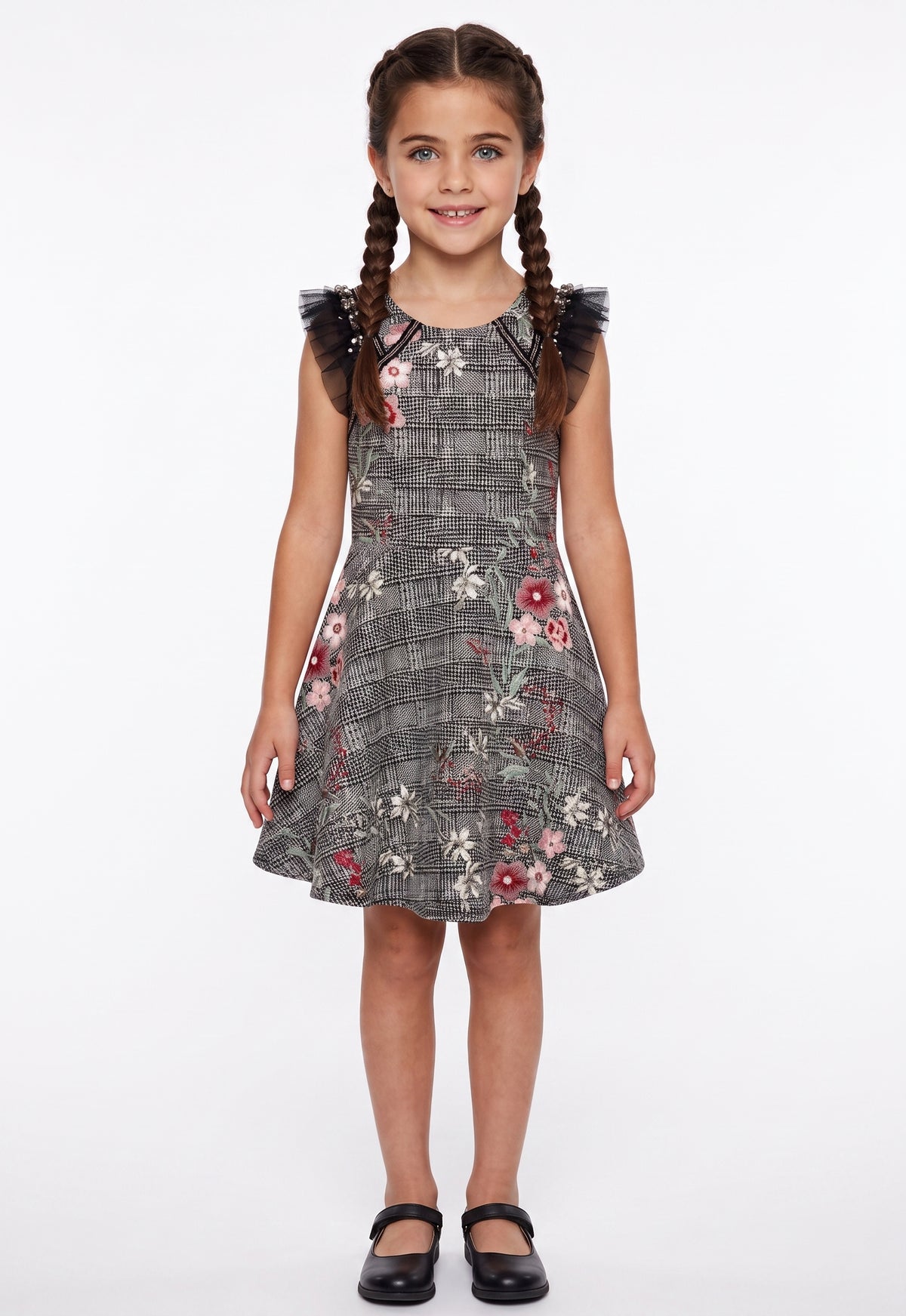 FIT AND FLARE PLAID AND FLORAL JACQUARD DRESS W/ SEQUIN RUFFLE DETAILS