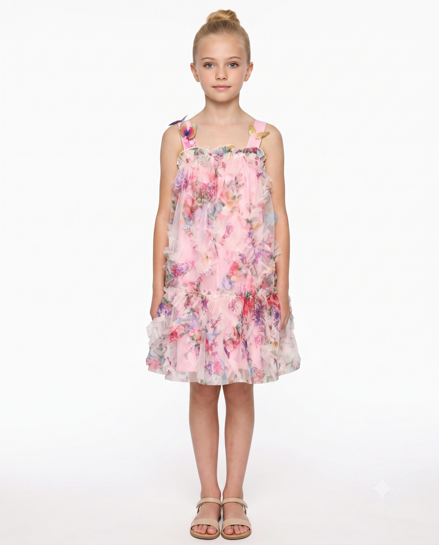 3D RUFFLE MESH DRESS W/ BUTTERFLY TRIM DETAIL