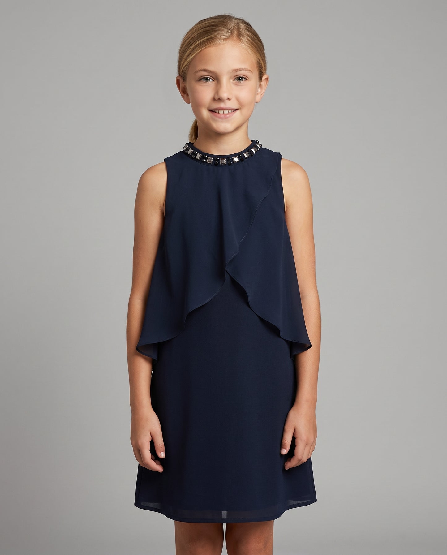 A-LINE COLLAR, CASCADE RUFFLE OVERLAY CHIFFON DRESS