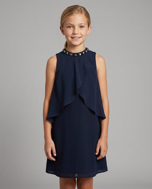 A-LINE COLLAR, CASCADE RUFFLE OVERLAY CHIFFON DRESS