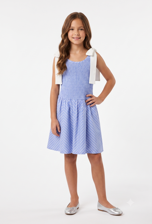 STRIPE SMOCKED DRESS WITH BOW STRAPS