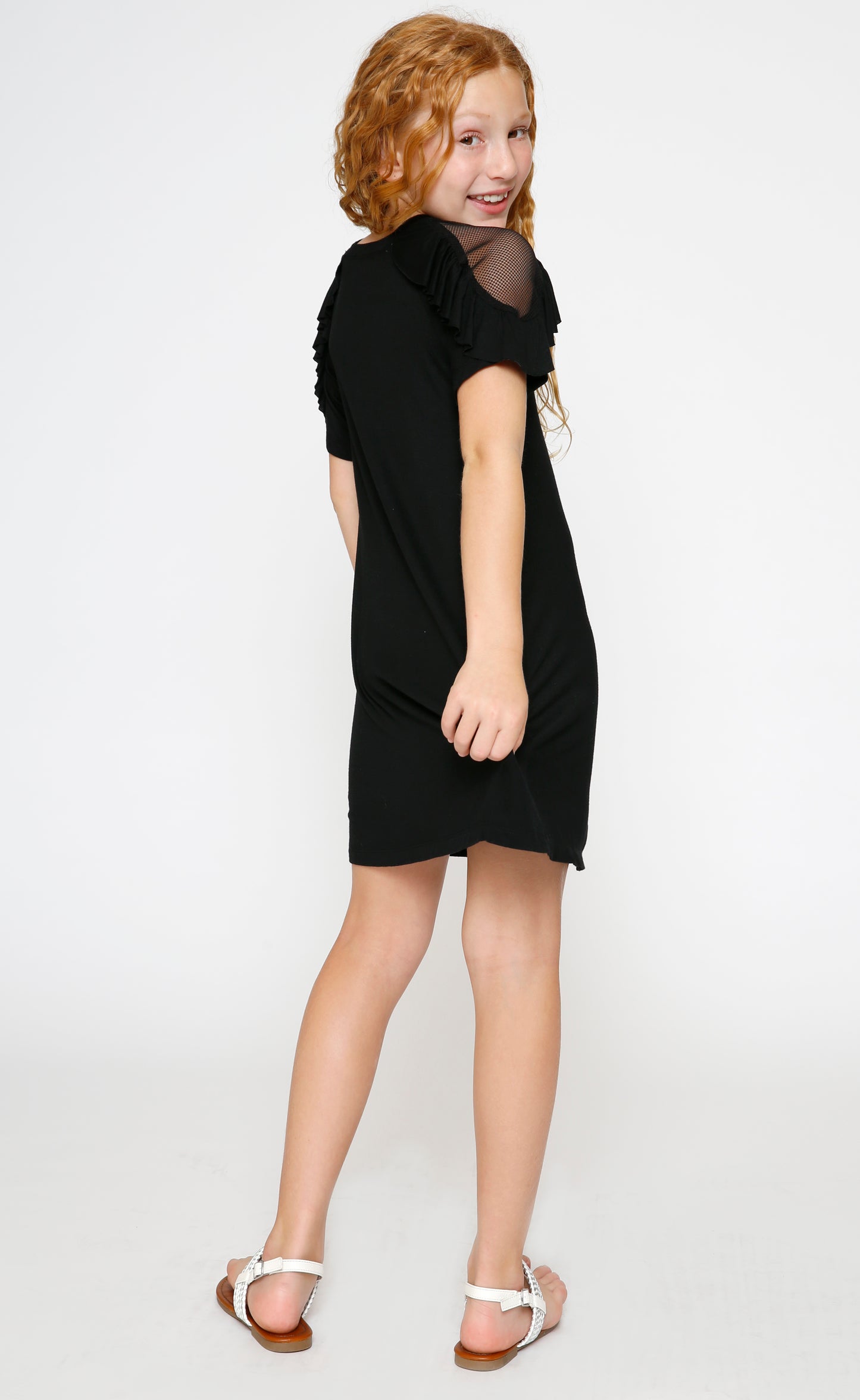 TRAPEZE DRESS W/ MESH SLEEVE INSERT AND RUFFLE DETAIL