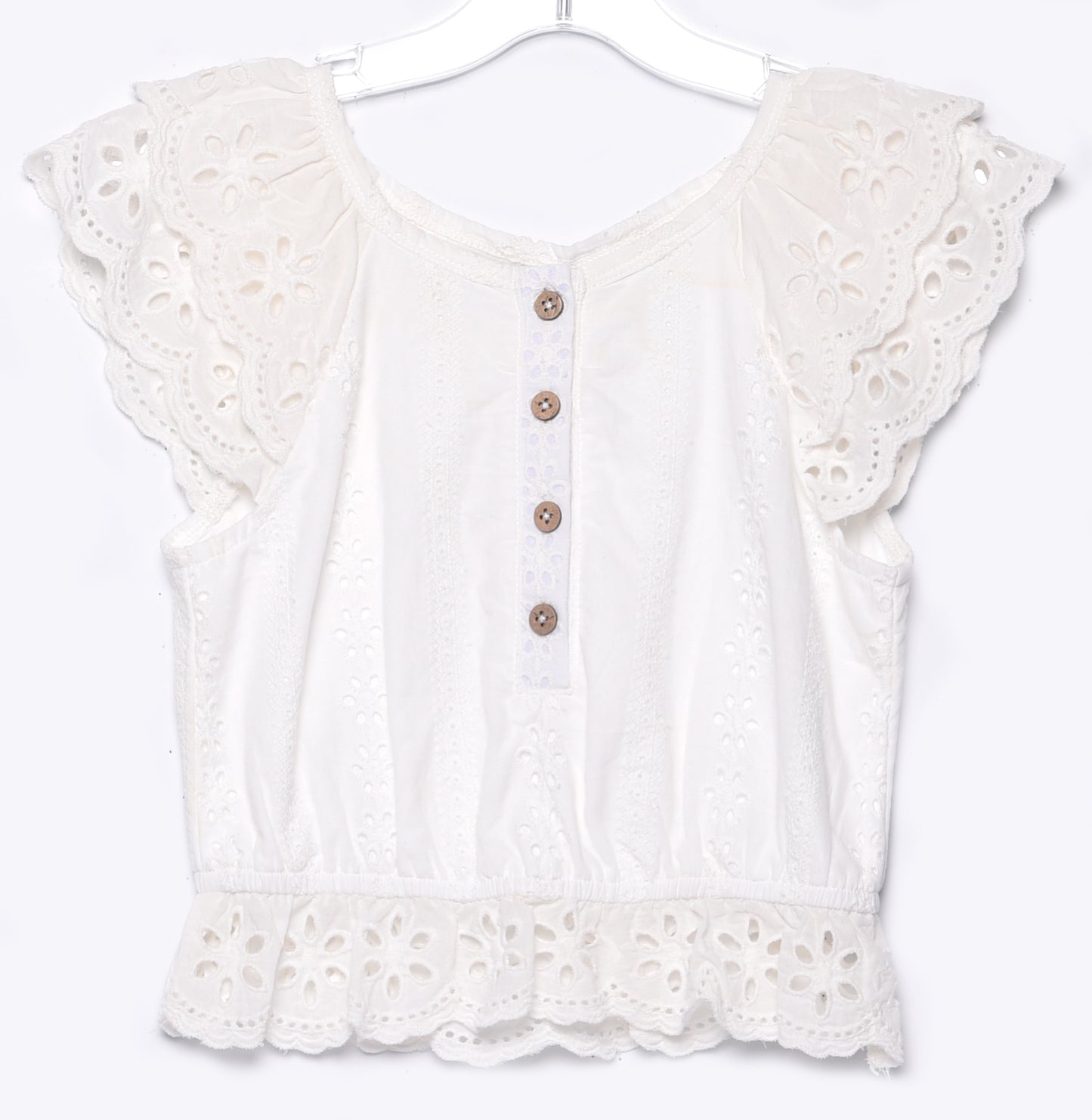 RUFFLE EYELET TOP WITH FRONT PLACKET