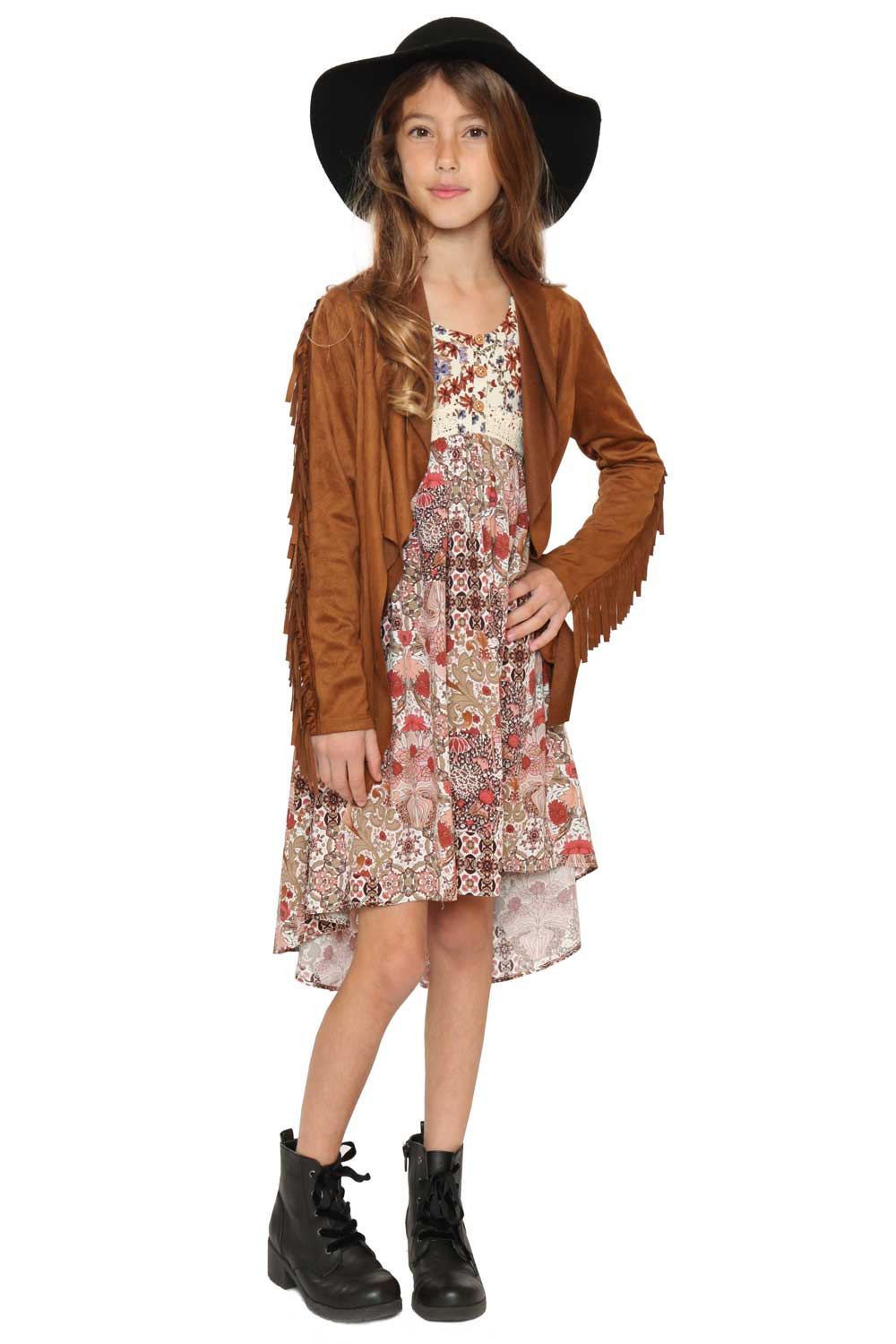 FAUX SUEDE FRINGE CARDIGAN