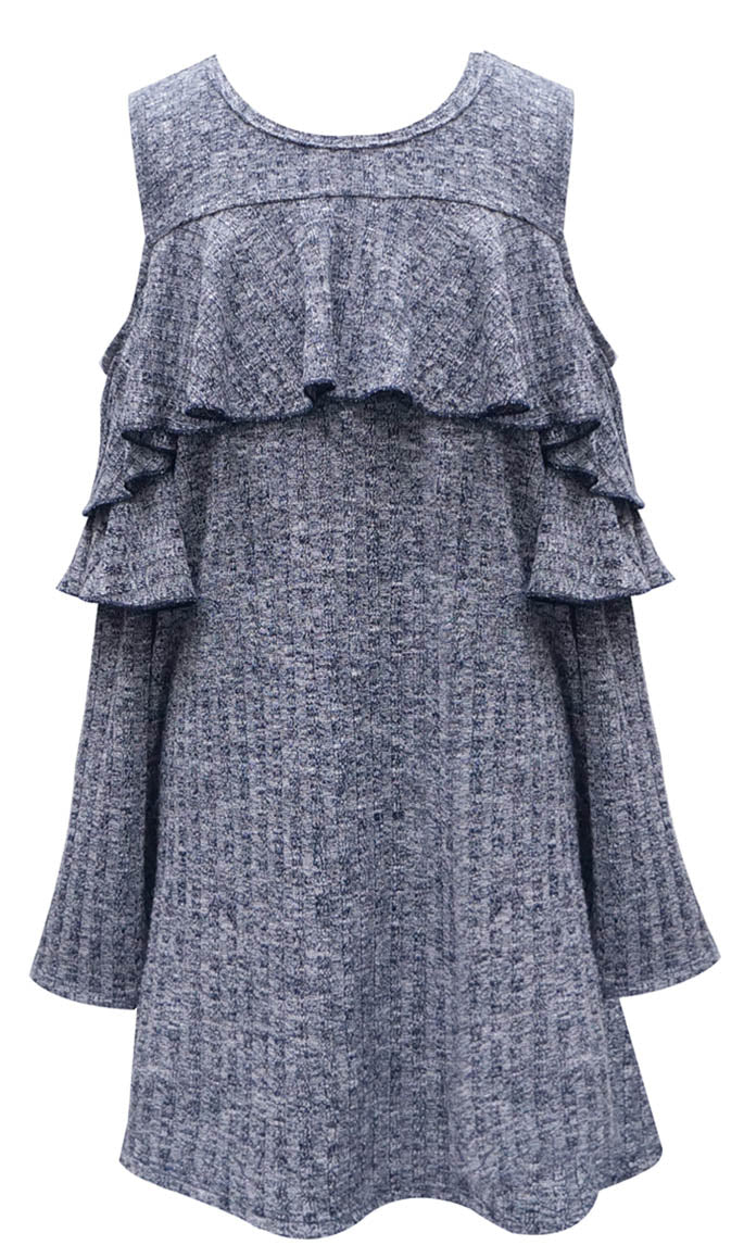 COLD SHOULDER RUFFLE SHIFT SWEATER DRESS