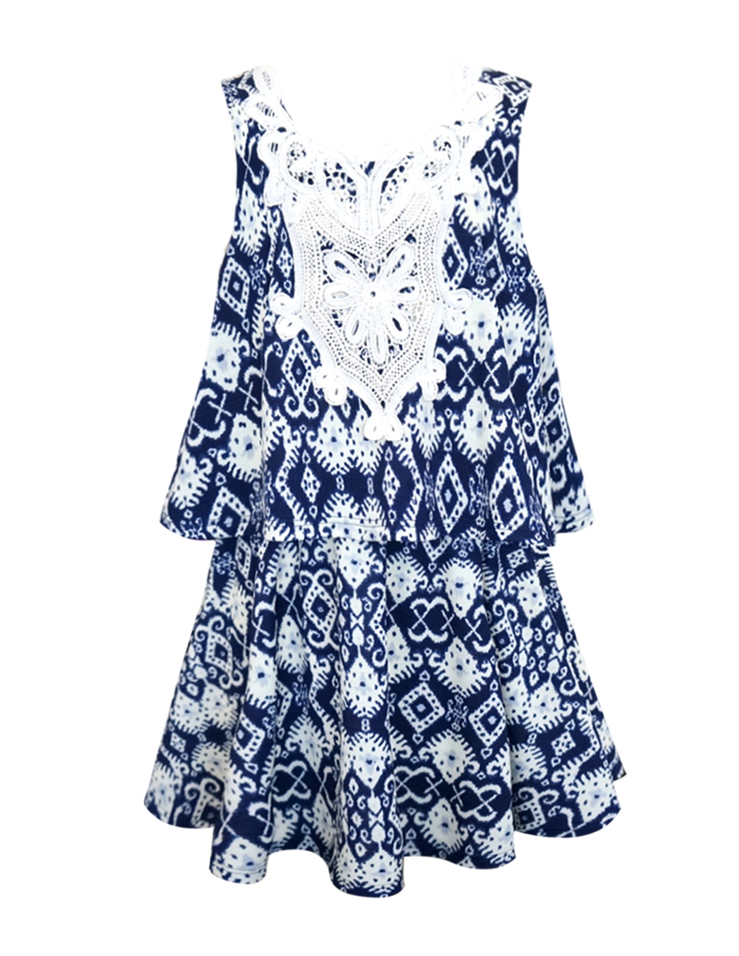 LAYERED SEMI-CIRCLE DRESS W/ V-BACK AND TRIM DETAIL.