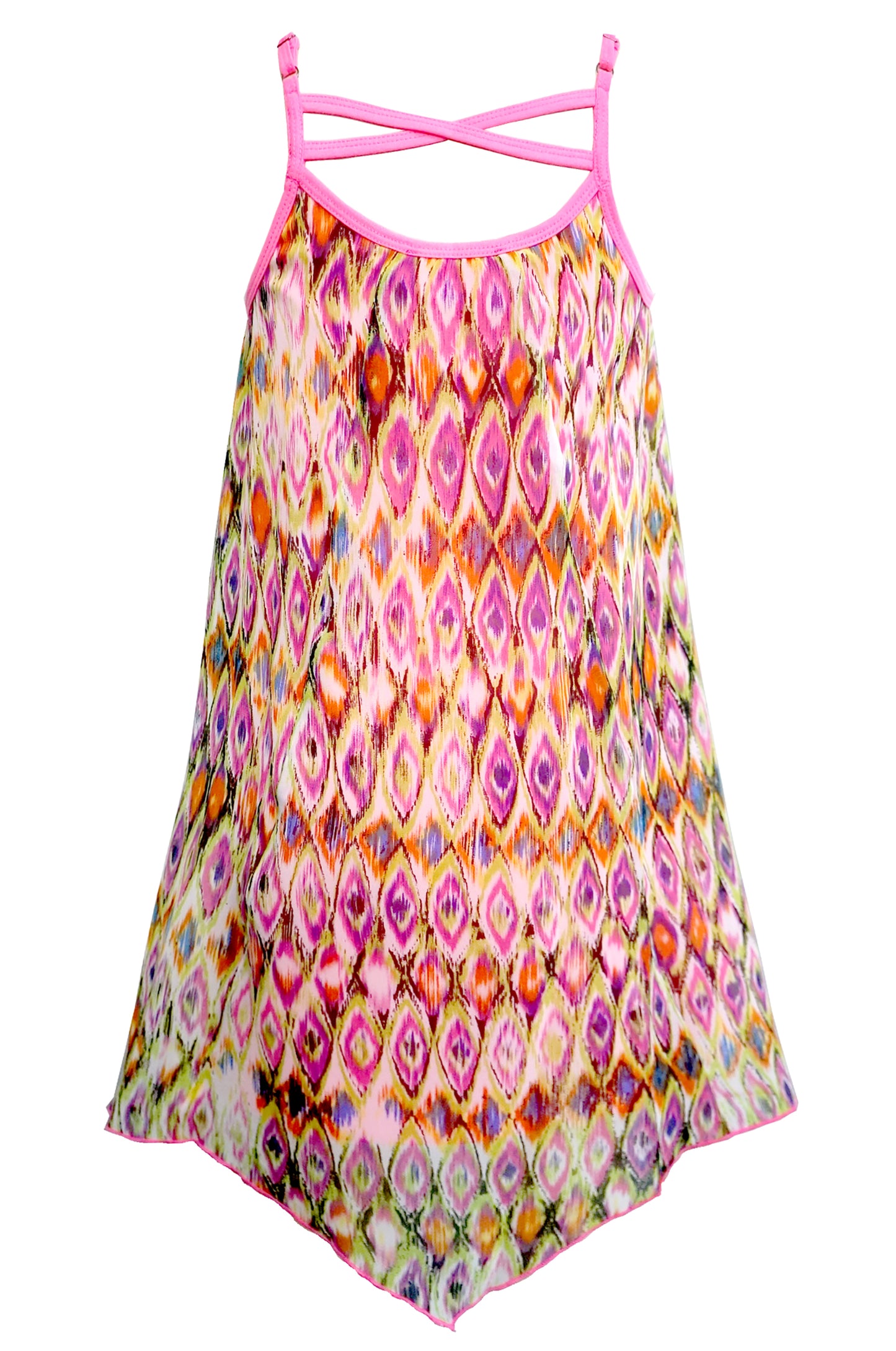 GEOMETRIC PRINT A-LINE, HANKY DRESS WITH FRINGE DETAIL AT FRONT NECK