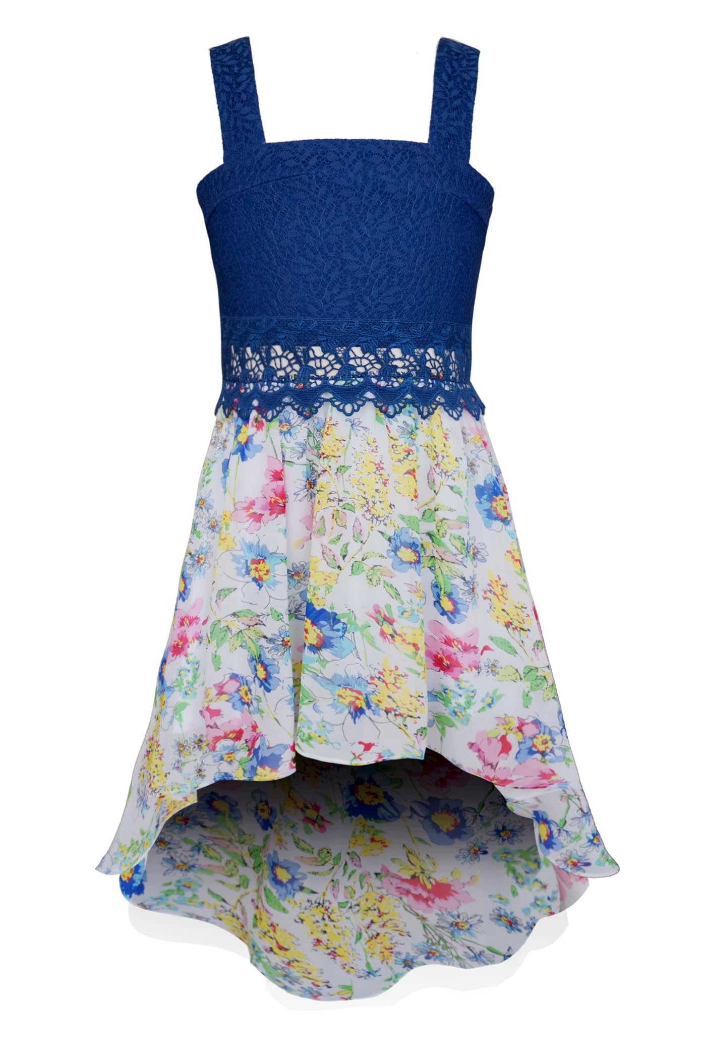 SLEEVELESS HI-LOW DRESS WITH FLORAL SKIRT AND LACE TOP