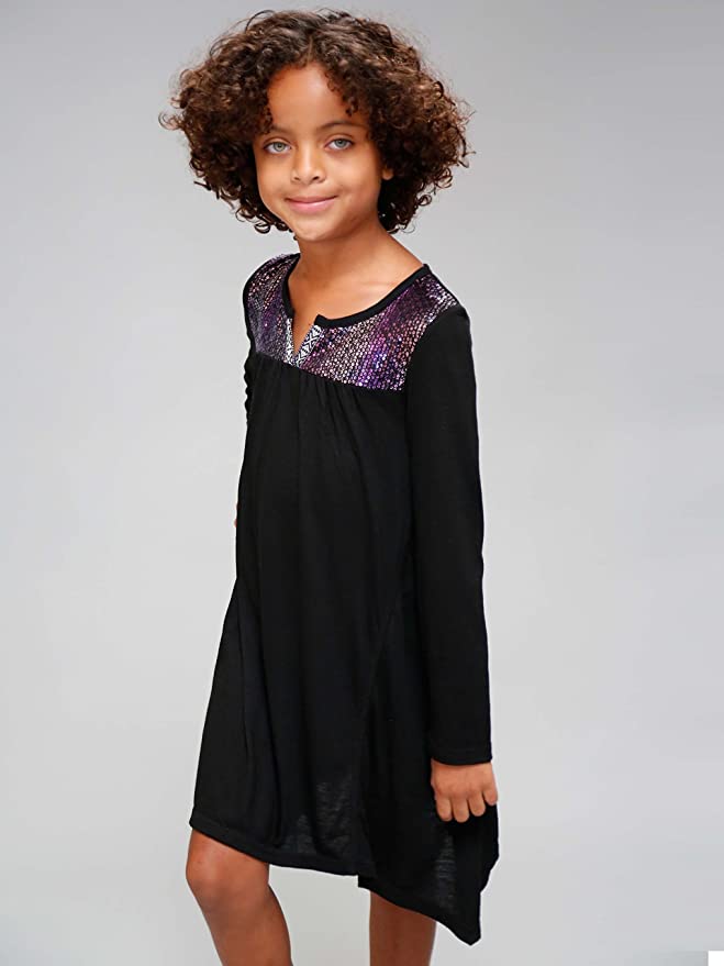Little Girls I Tween Sequin Tunic Dress Round Neckline Mini V Neckline W/ Boho Ribbon Sequin Bib Upper Chest Long Sleeves Loose Tunic Fit For Comfort Asymmetric Cut Truly Me, is for the girl who is crafty and well put-together. Her wardrobe offers affordable casual to semi-dressy options that are easily dressed UP or DOWN. Designs are smart and charming.