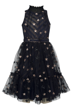 Little l Big Girls Sequin Star Mesh Halter Dress Mock Smock Neck Subtle Chevron Print Sequin Stars All Over Gathered Waist Mesh Ruffle Detail The Perfect Party Dress or Halloween Dress for Wednesday Adams.