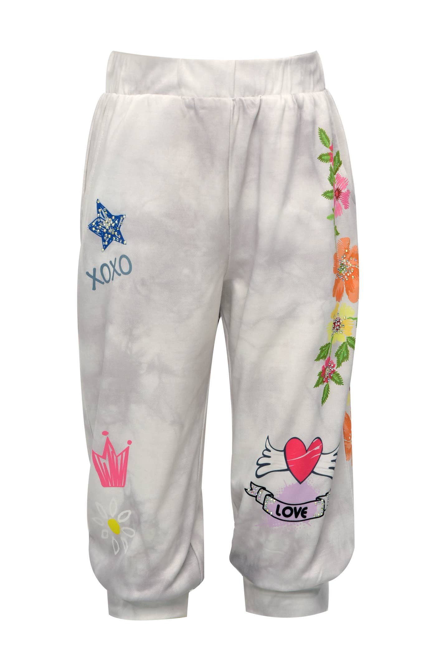 My Hannah Banana Girl’s XOXO Graphic Printed French Terry Joggers. Thick Elastic Waistline Sporty Grey Tie Dye Jogger Artsy Fun Graphic Prints: Hearts, Stars, Crown, and Floral A Comfy Sporty Athleisure Look! Imported