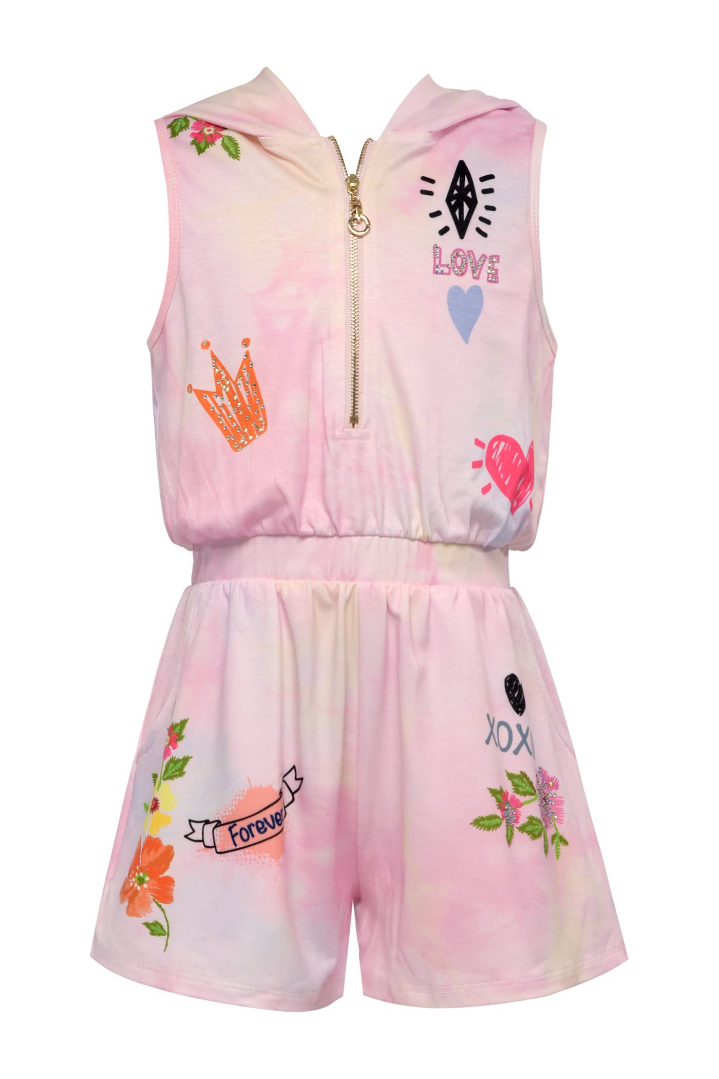 My Hannah Banana Girl’s XOXO Print Hooded French Terry Romper. Half Zipper Hoodie Neckline Sporty Sleeveless Look Artsy Fun Graphic Prints: Crown, Hearts, Diamond Gem, and Floral Semi Dropped Waistline Pastel Pink Tie Dye Imported