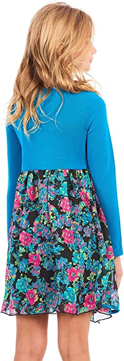 Big Girls Long Sleeve Floral Print Mini Dress Rounded Scoop Neckline 3 Button Detail On Chest Long Sleeves Vibrant Hot Pink & Blue Floral Print Lined Skirt Mini Length Truly Me