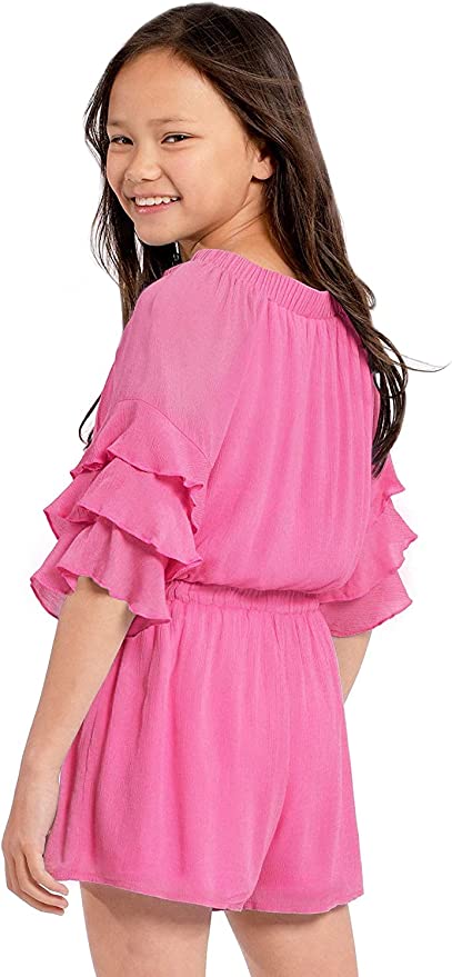 Big Girls Ruffle Sleeve Baby Blue Romper Ruffled Elastic Boat Neck (Can be work on of off the shoulder!) 3/4 Tiered Ruffle Sleeves Drawstring Tassel Tie Waistline The perfect romper for all seasons. SELF: 100% Rayon, LINING: 100% Polyester A versatile romper that can be worn on and off the shoulder. Made in high quality rayon gauze fabrication. Lining is a super soft lightweight knit.