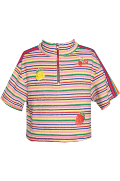 Little l Big Girl’s Striped Fruit Terry Clothe Top Mock & Color Block Zipper Neckline Rainbow Stripe On Shoulder Retro Vintage Stripes All Over Cherry, Pineapple, and Cherry Patches