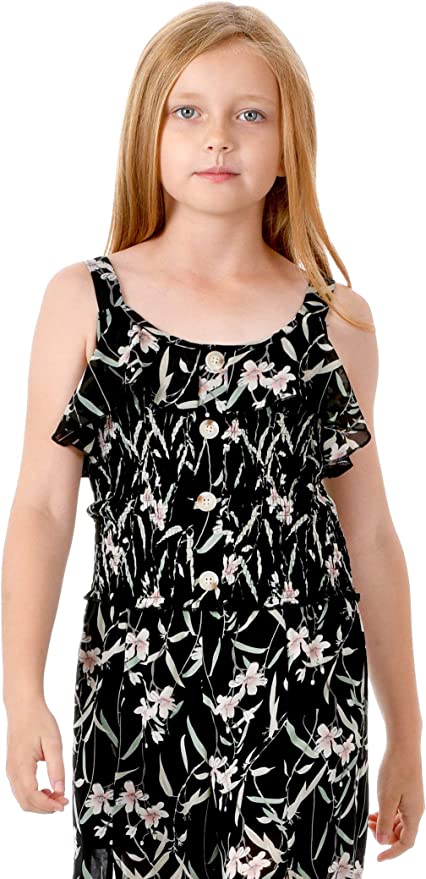 Big Girls Ruffle Floral Split Leg Jumpsuit Scoop Neckline Sleeveless Ruffled Bust-line Tortoise Shell Buttons Smocked Mid Section With Lettuce Ruffle Cropped Split Leg A Great jumpsuit for All Seasons: Spring, Summer, Fall, and Winter. The Perfect Jumpsuit to wear as is or layer up for colder seasons.