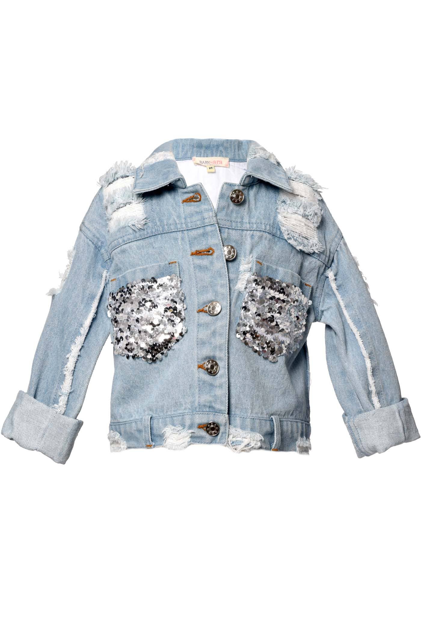 My Hannah Banana Little Girl’s Sequin Distressed Denim Jacket. Pointed Collar Distressed Lower Shoulder Area Button Down/Up Closure Dropped Silver Sequin Statement Pockets Long Sleeves W/ Frayed Details Belt Loops On Bottom Light Wash Denim Jean Jacket The Perfect Jacket For The Little Rockstar. Imported