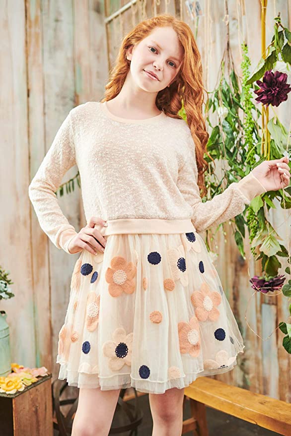 Little Big Girls Twofer Fit & Flair Daisy Dress Mixed Media Two-fer Heathered Like Upper Roud Neckline Long Sleeves Tutu Skirt Bottom Polka Dot & Daisy Floral Print A Perfect Everyday Dress!