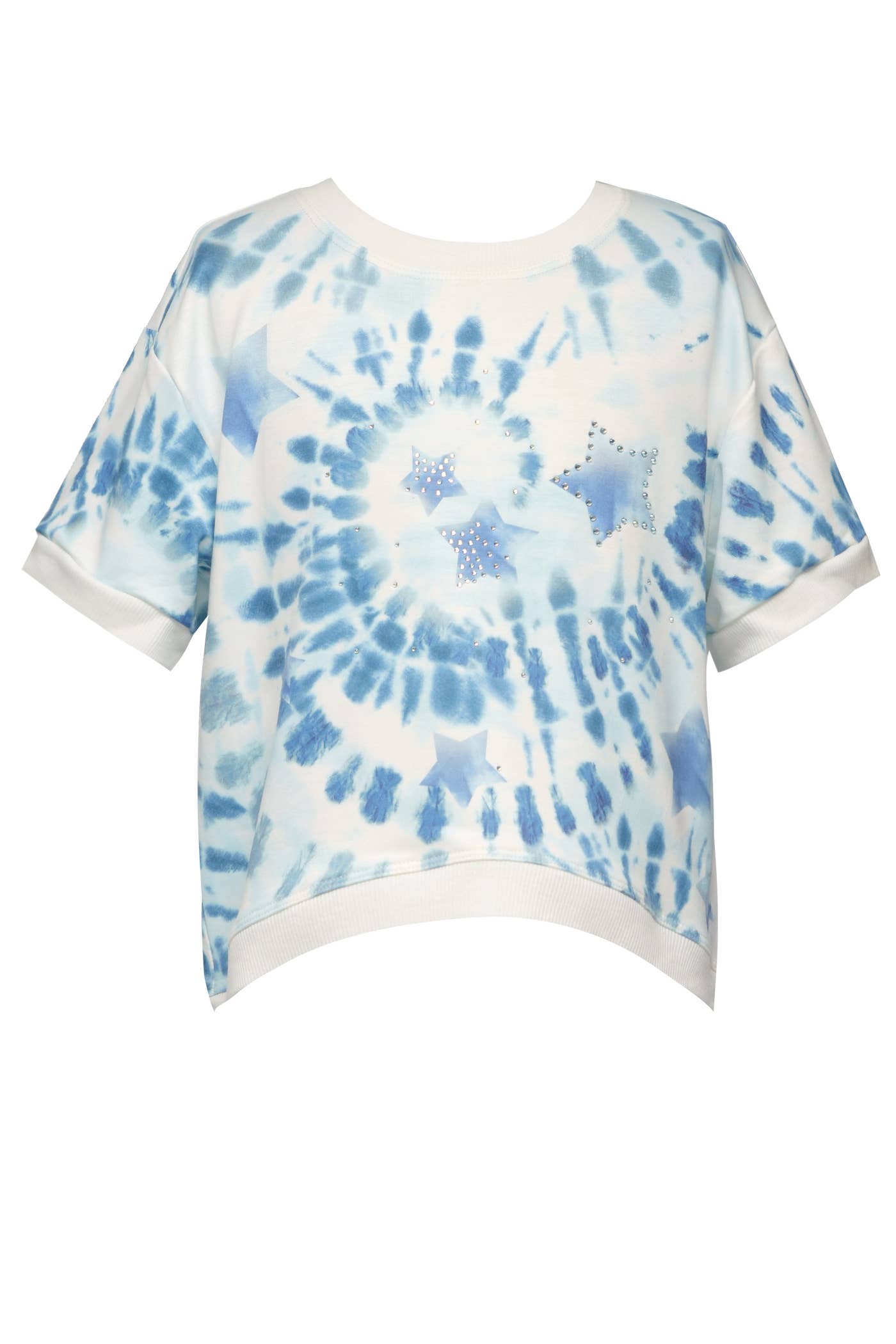 My Hannah banana Fourth of July 4th of July patriotic USA America Girl’s Star Tie Dye French Terry Short Sleeve Top. Round Neckline Short Sleeves Pastel Tie Dye Star Print W/ Rhinestone Perfect for 4th of July Subtle Rhinestone Details For Extra Sparkle Imported
