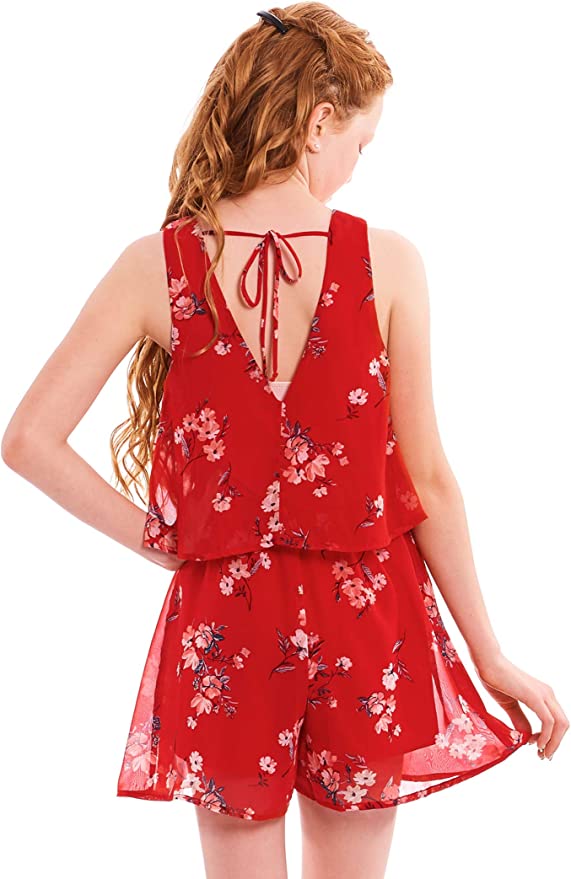 Big Girls Cherry Blossom Floral Print Romper Scoop Neckline Sleeveless Vintage Floral Print V Back Detail & Neck Tie Truly Me designer and fashion forward little and big girls' rompers created with your little girl in mind. All rompers designed to be on trend so she can be her best and most confident in the latest styles.