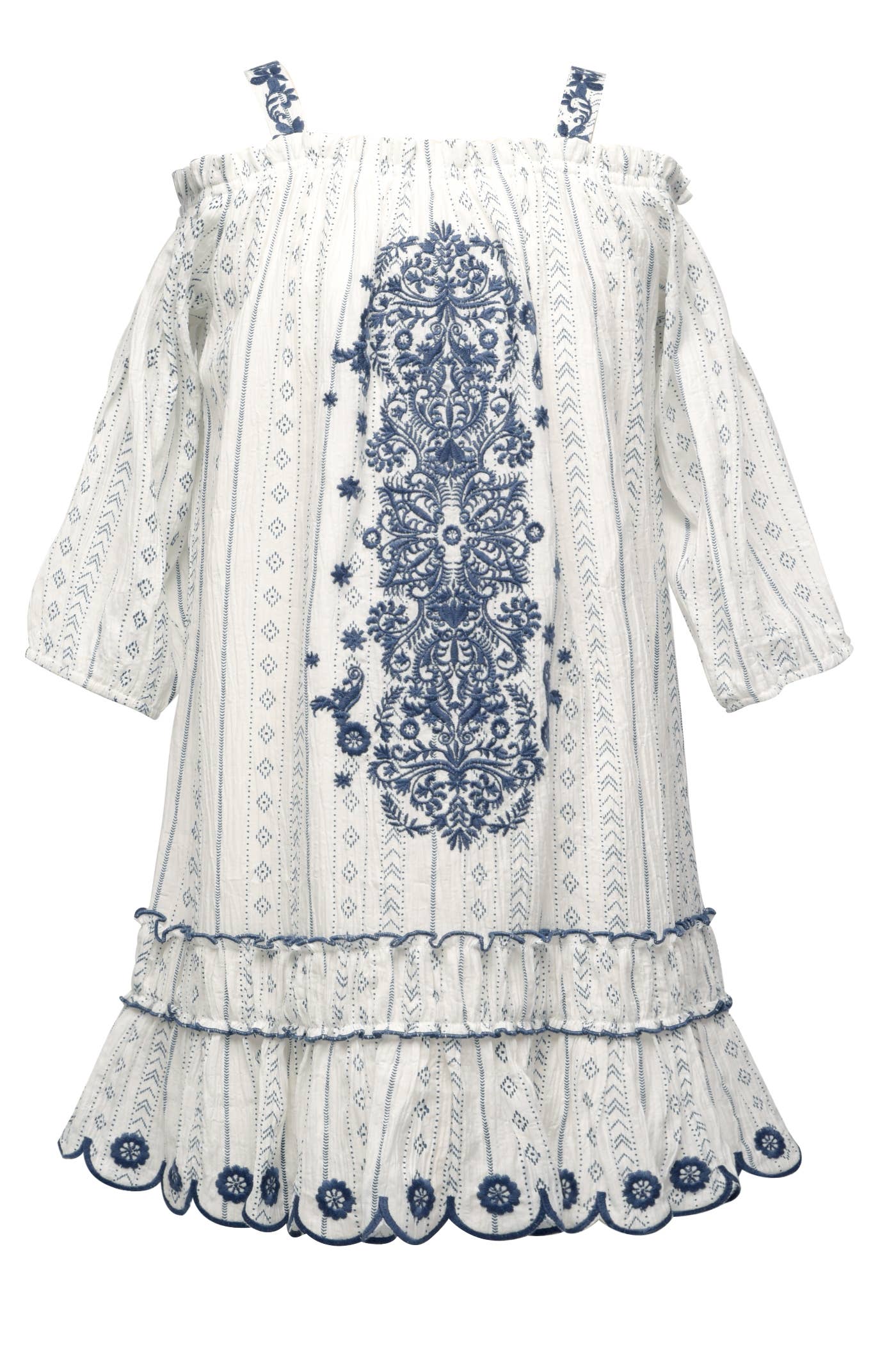 My Hannah Banana Girl’s Off The Shoulder Scallop Hem Embroidered Boho Dress. Square Neckline Semi Thick Straps W/ Embroidered Details Cold Shoulder Large Boho Statement Embroidery Running Down Chest Tunic Style Fit For Comfort All Over Bohemian Print Scalloped Eyelet Detail Lower Hem Small Ruffled Details On Off Shoulder Area & Lower Skirt Portion Imported