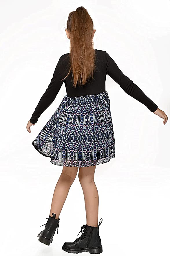 Truly Me Big Girls Geometric Abstract Print Dress Scoop Round Neckline Long Sleeves 3 Button Detail W/ Trim Accent Vibrant Colorful Abstract Print Tiered Front Ruffle Skirt Portion Mixed Media