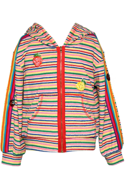 Little l Big Girl’s Striped Fruit Terry Cloth Hoodie Hooded & Color Block Zipper Neckline Rainbow Stripe Running Down Sleeves Retro Vintage Stripes All Over Cherry, Pineapple, and Cherry Patches