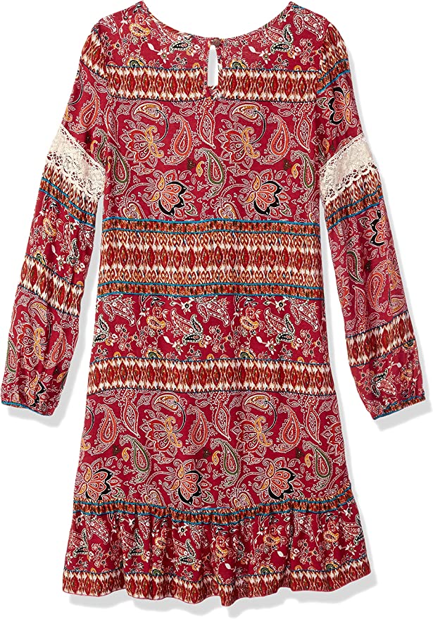 Little I Big Girls Boho Boarder Print Yoke Dress Scoop Boat Neck Front Tie Details Long Sleeves Lace Crochet Details on Chest & Arms Bohemian Floral Abstract Boarder Print Ruffled Lower Trim Back Keyhole & Button Closure Vest Coverup Truly Me is for the girl who is crafty and well put-together. Her wardrobe offers affordable casual to semi-dressy options that are easily dressed UP or DOWN. Designs are smart and charming.